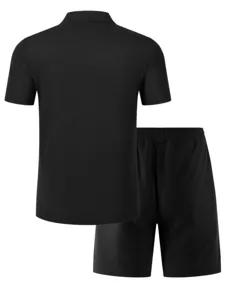 Men black solid color short sleeve polo shirt and shorts casual sportswear set summer.