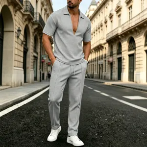 Outdoor street detail view of men casual waffle knit two piece set with deep V neck.