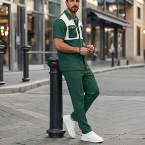 Conjunto casual de hombre camisa manga corta gofrada y pantalón largo vista detalle.