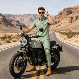 Conjunto casual de camisa de lino de manga corta y pantalones retro para hombres.