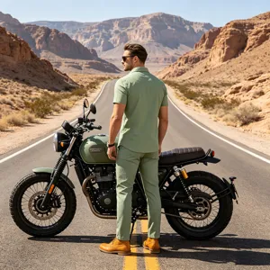 Camisa casual de lino de manga corta retro para hombre con pantalón a juego, estilo vintage.