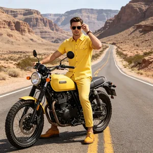Detalle de escena al aire libre en el cañón con camisa casual de lino amarillo de manga corta.
