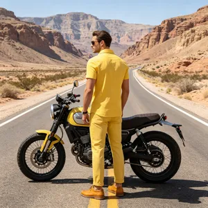 Camisa de manga corta de lino amarillo retro para hombre estilo moto casual top de verano