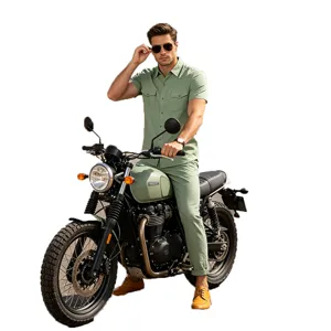 Camisa de lino de manga corta estilo moto retro para hombre con bolsillos casual