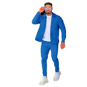 Men Waffle Knit Tracksuit Zip Pocket Jacket And Long Pants Casual Sportswear Set