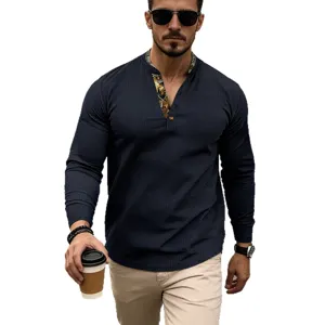 Men's Waffle Long Sleeve Henley Shirt Casual Contrast Collar Basic Pullover Tops