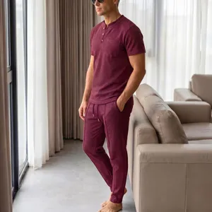 Men's waffle knit short sleeve henley shirt and lounge pants set, casual two piece outfit.