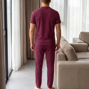 Men's waffle knit short sleeve top and casual pants lounge set in burgundy for daily comfort.