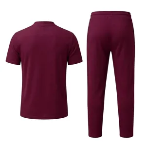 Mens waffle knit short sleeve shirt and long pants casual suit back view detail showcase.