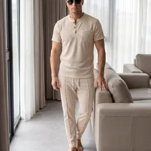 Men casual waffle knit short sleeve shirt and lounge pants set, comfortable summer outfit.