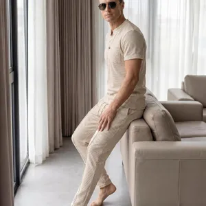 Men's waffle knit short sleeve shirt and pants casual lounge set, comfortable style.