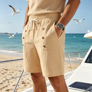 Beige linen casual shorts detail, drawstring waist and retro button decor for men.