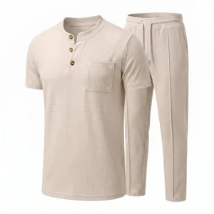 Men casual waffle knit two piece set short sleeve henley shirt and drawstring pants beige