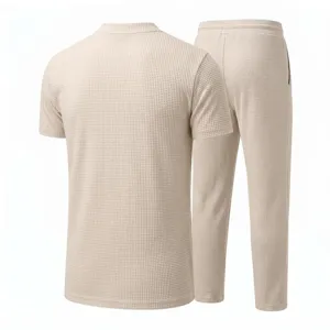 Men's waffle knit short sleeve shirt and trousers casual set, detailed back view display.