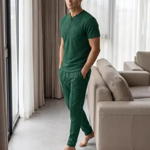 Men waffle knit short sleeve Henley shirt and matching casual lounge pants set detail