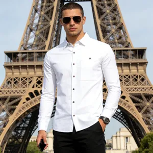 Men's Business Casual Linen Shirt Long Sleeve Pocket Breathable Vacation Top Linen Blend Button Down Shirt For Men Beach Casual Summer Shirt