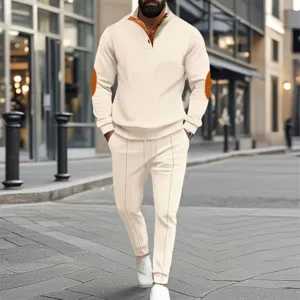 Men's American Casual Waffle Knit Sweatshirt Set Half Zip Stand Collar Long Sleeve Top And Bottom Matching Outfits