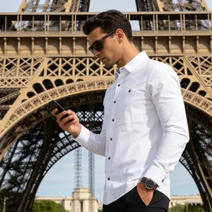 Men's casual white long sleeve linen shirt with chest pocket and breathable vacation style.