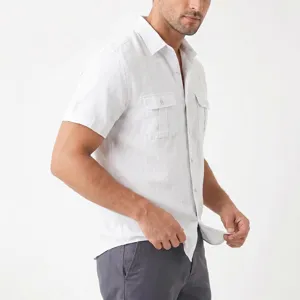 Men's casual linen short sleeve utility shirt with dual chest pockets and button down design.