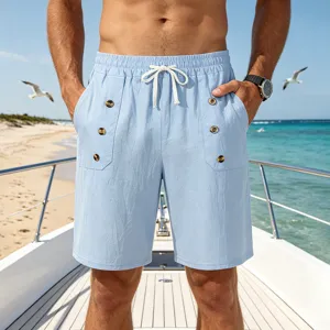 Men's light blue linen casual shorts with drawstring waist and pockets for summer beachwear.