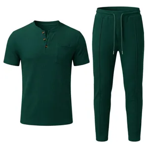 Men's Waffle Knit Short Sleeve Henley Shirt and Casual Pants Tracksuit Set in Dark Green