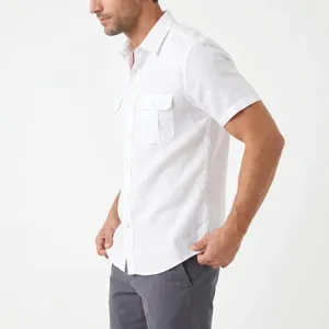 Men's white short sleeve utility linen shirt with dual pockets casual summer top.