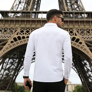 Men's casual long sleeve white linen shirt, breathable resort wear button down top.