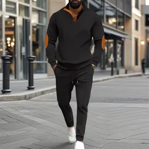 Urban street detail view showing the waffle knit texture of this casual half zipper sweatshirt.