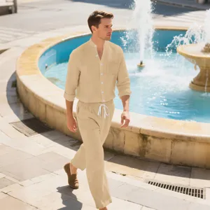 Outdoor casual detail shot of a mens linen long sleeve shirt and matching pants set.