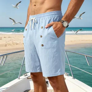 Men's light blue cotton linen shorts detail view, featuring drawstring waist and cargo pockets.