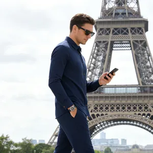 Detail view of men's blue long sleeve linen shirt, breathable vacation style and casual design.