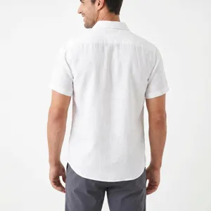 Detail view of men's white linen short sleeve casual shirt, breathable fabric, back fit design.