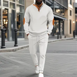 Men's waffle knit long sleeve half zipper pullover sweatshirt and pants set detail view.