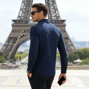 Men's casual long sleeve blue shirt scene detail view outdoor urban fashion style breathable