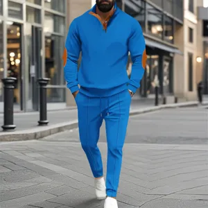 Men waffle knit half zip sweatshirt and sweatpants casual sportswear set detail.