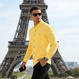 Men long sleeve linen shirt with chest pocket solid bright yellow casual holiday wear top