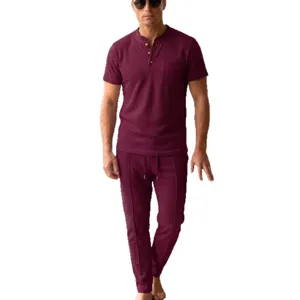 Men waffle knit short sleeve henley shirt and casual pants set wine red outfit spring.