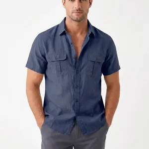 Men's short sleeve linen utility shirt detail, solid navy blue color with double chest pockets.
