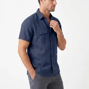 Men's dark blue short sleeve linen shirt, casual button-down business apparel with dual chest pockets.