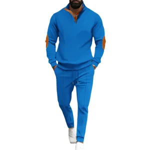 Men's half-zip waffle long sleeve sweatshirt and casual sweatpants set in blue.