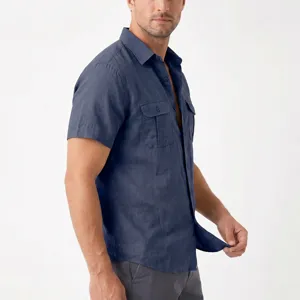 mens linen short sleeve casual work shirt with double pockets in dark blue color style