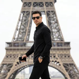 Men's breathable linen long sleeve shirt with chest pocket, outdoor casual scene style.