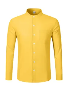 Detailed view of the yellow long sleeve shirt collar and buttons, clear texture and stitching.