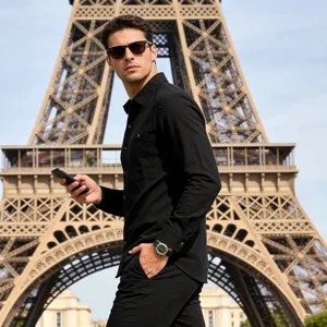 Men's Black Linen Long Sleeve Shirt Casual Breathable Pocket Shirt Vacation Style Top