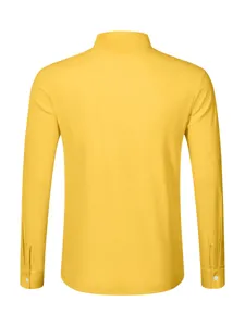 Rear detail view showcasing the clean tailoring of the bright yellow casual cotton shirt.