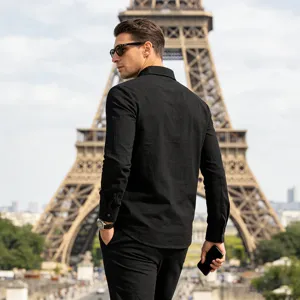 Men's breathable long sleeve black linen shirt detail view, casual vacation style.