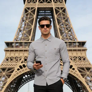 Men's long sleeve linen shirt breathable pocket button down casual business vacation shirt