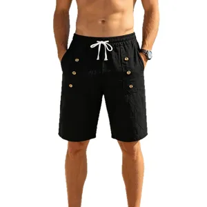 Men casual cotton linen shorts summer breathable beach shorts with drawstring pockets black