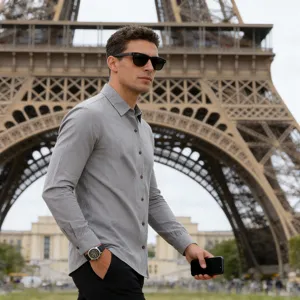 Close-up view of the breathable grey long sleeve linen shirt outdoor scene detail.