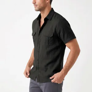 Men's short sleeve linen utility shirt with dual chest pockets and casual button-down style.